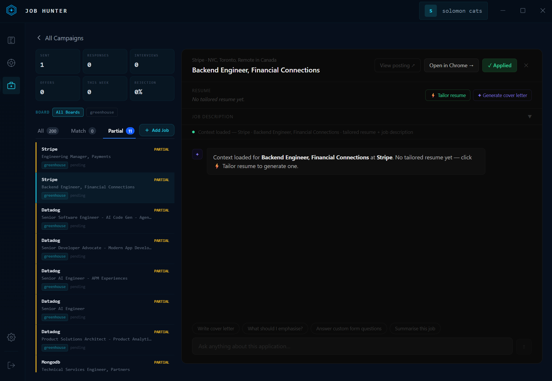 Job Hunter dashboard